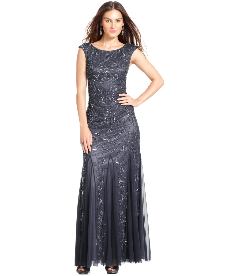 Adrianna Papell Dress, Cap Sleeve Beaded Pleat Gown   Dresses   Women