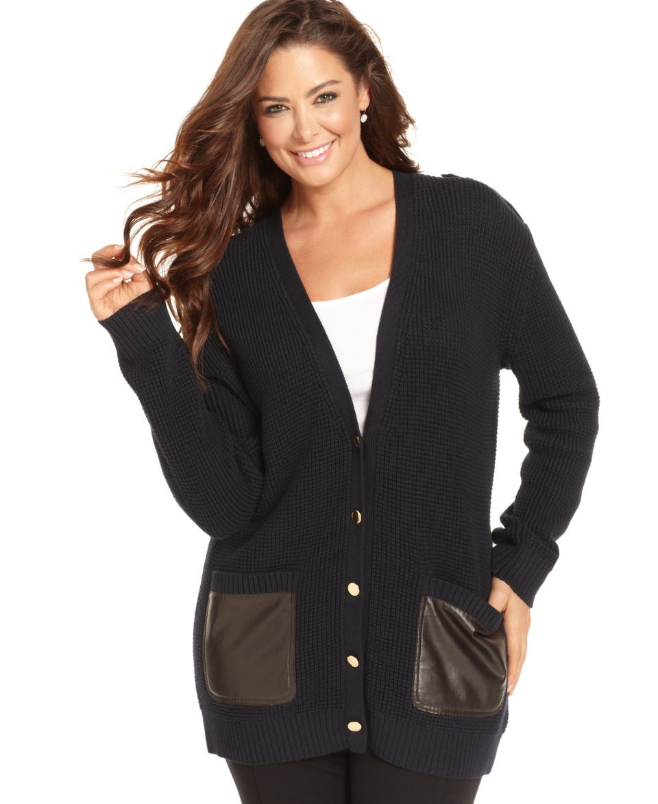 MICHAEL Michael Kors Plus Size Sweater, Long Sleeve Faux Leather Trim Cardigan   Sweaters   Plus Sizes