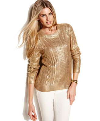 MICHAEL Michael Kors Long-Sleeve Metallic Cable-Knit Sweater - Sweaters ...