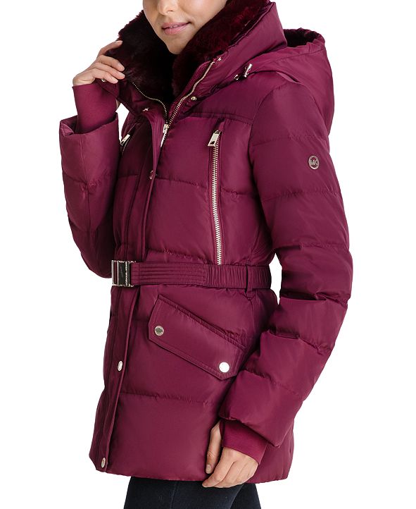 Michael Kors Belted FauxFurTrim Hooded Down Puffer Coat, Created for
