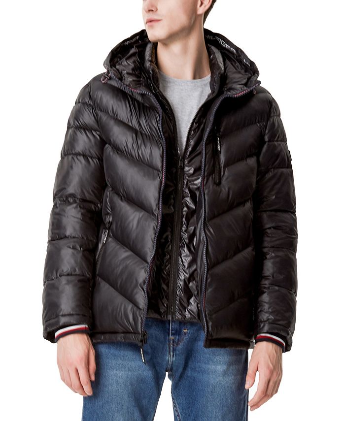 Tommy Hilfiger Men's Chevron Hooded Puffer Jacket with Attached Bib ...