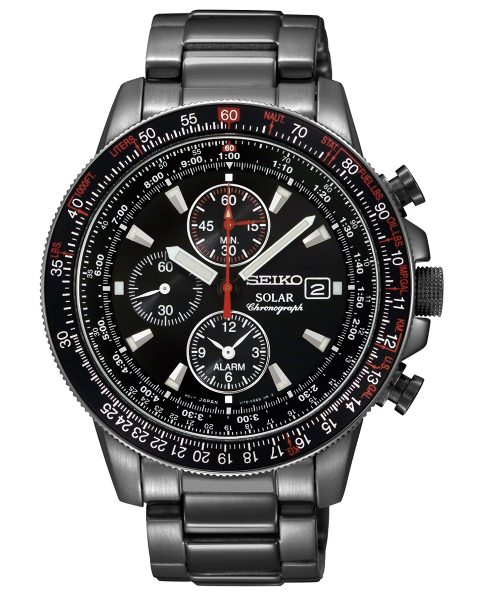 Seiko Mens Chronograph Solar Aviator Black Ion Finished Stainless Steel Bracelet Watch 43mm SSC145   Watches   Jewelry & Watches