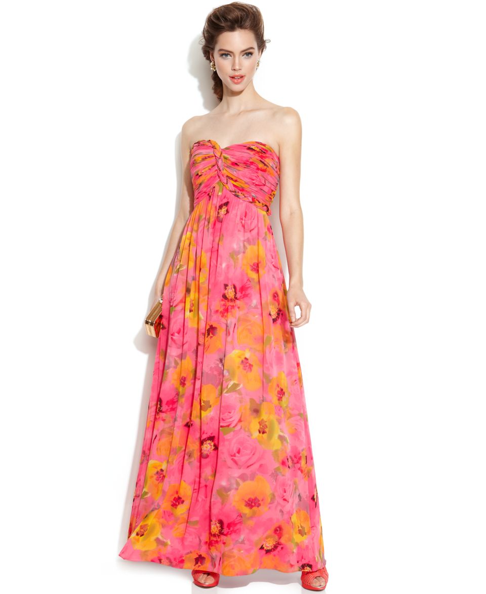 Calvin Klein Strapless Floral Print Embellished Gown   Dresses   Women