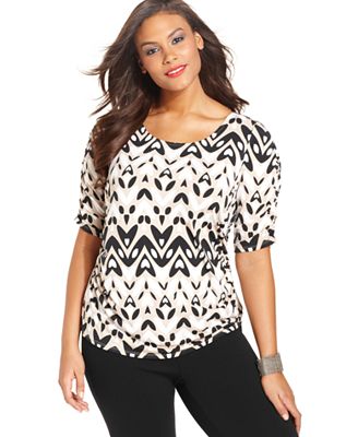 Alfani Plus Size Elbow-Sleeve Printed Ruched Top - Tops - Plus Sizes ...
