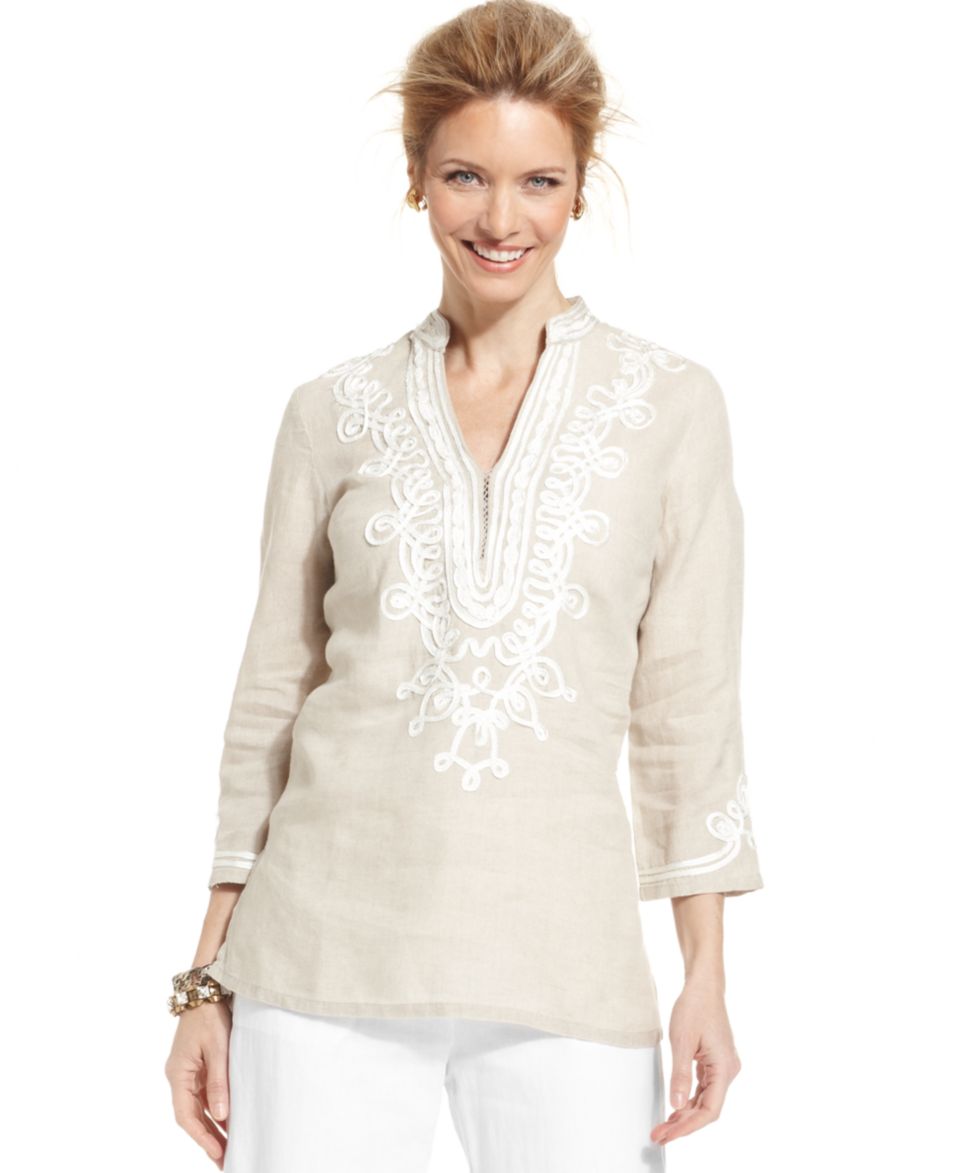 Charter Club Three Quarter Sleeve Linen Embroidered Tunic Top