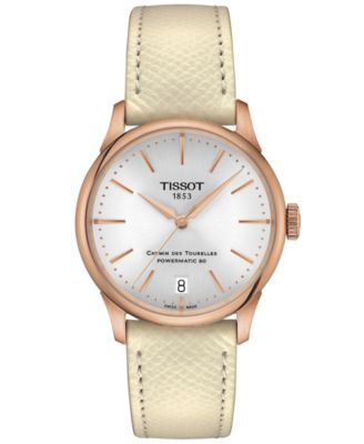 Женские швейцарские автоматические часы Tissot Chemin des Tourelles Powermatic 80 с белым кожаным ремешком 34 мм