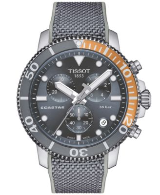 Мужские швейцарские часы Tissot с хронографом Seastar 1000 на сером текстильном ремешке 46 мм