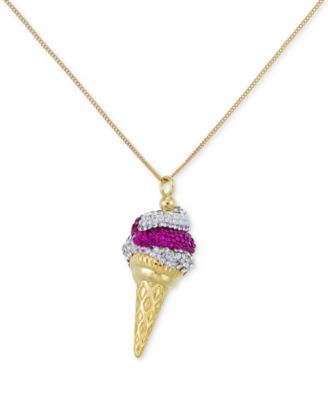 Pink and Clear Crystal Ice Cream Cone Pendant Necklace in 18k Gold over Sterling Silver