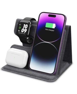 Беспроводное зарядное устройство Alpha Digital 3-в-1 Leather мощностью 18 Вт - смартфон, наушники и умные часы серого цвета