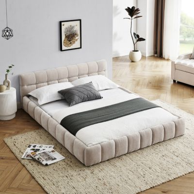 Мебель Streamdale Furniture Двуспальная кровать на платформе с мягким изголовьем из синелевой ткани коричнево-бежевого цвета