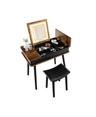 Туалетный столик SKONYON с зеркальной подсветкой с откидной крышкой, USB-письменным столом и табуретом-Коричневый