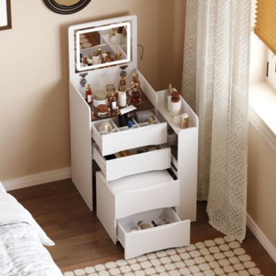 Туалетный столик FAMAPY с зеркалом с подсветкой и табуретом – Выдвижной столик для макияжа в шкафу