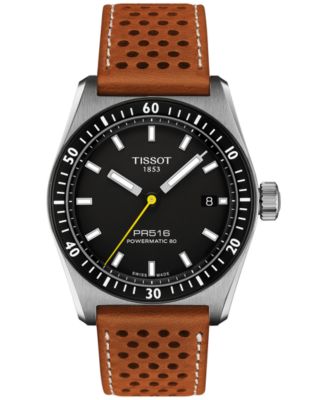 Мужские швейцарские автоматические часы Tissot PR516 Powermatic 80 с коричневым перфорированным кожаным ремешком 38 мм
