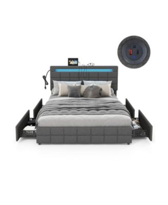 Каркас кровати GOUUN с обивкой Queen-Size LED с изголовьем и 4 выдвижными ящиками