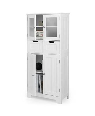 4-дверный Отдельно стоящий напольный шкаф для хранения вещей в ванной комнате с 2 выдвижными ящиками и стеклянными дверцами