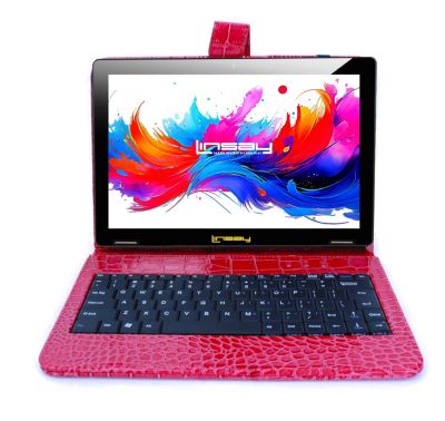 LINSAY 10.1 " Восьмиядерный планшет Android 15 с объемом памяти 256 ГБ и красной клавиатурой из крокодиловой кожи red