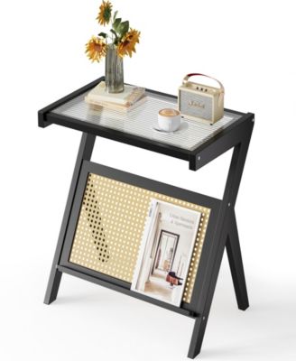 Прикроватный столик SUGIFT из ротанга с бамбуковым акцентом и столешницей из закаленного стекла черного цвета