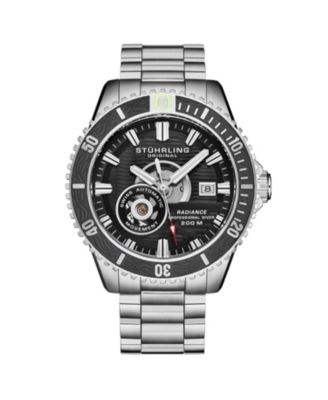 Мужские часы с автоподзаводом Stuhrling 1013 Швейцарский механизм, черный циферблат, черный безель, корпус и браслет из нержавеющей стали, водонепроницаемость для дайверов 200 метров, Окошко даты