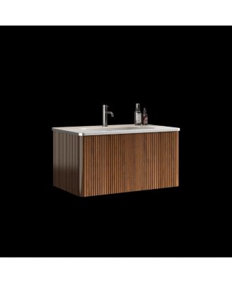 Плавающий туалетный столик CASAINC Etna 30" С керамической раковиной и отделкой в полоску из орехового дерева, сборка KD