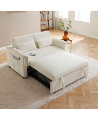 Диван-кровать Loveseat из бархата 55" с USB-портами, регулируемой спинкой и выдвижным спальным местом с карманами для хранения вещей и подушками-Maison Boucle