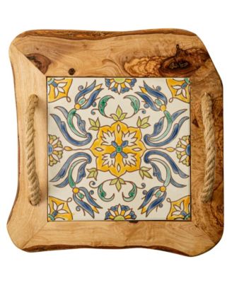 Необычные товары Сервировочный поднос из тунисской плитки, оливкового дерева и керамики