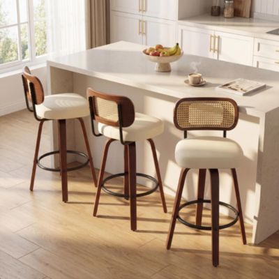 Набор из 3 Современных вращающихся барных стульев середины века со спинкой из тростника, каркасом из орехового дерева и поворотным сиденьем на 360 градусов