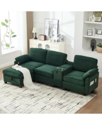 Streamdale Furniture L-Образный вельветовый диван- 4-местный, USB, для хранения вещей, консоли и пуфика