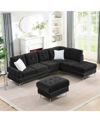 Секционный диван Streamdale Furniture с раскладывающимся шезлонгом, пуфик для хранения вещей, Металлические ножки, Подушки, Черный
