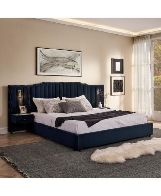 Каркас кровати Streamdale Furniture King Size, обитый бархатом, с вертикальными полосками и изголовьем