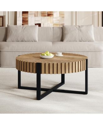 Круглый журнальный столик-барабан ручной работы Streamdale Furniture с зубчатым дизайном и поперечным металлическим основанием, 31,5