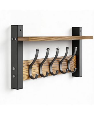 Настенный стеллаж YIGII на 5 крючков с полкой, Винтажный коричневый, Компактный, простой в изготовлении