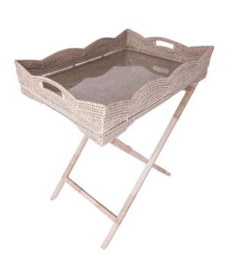 Поднос для дворецкого в виде гребешка из ротанга Artifacts с деревянными ножками и стеклянной вставкой