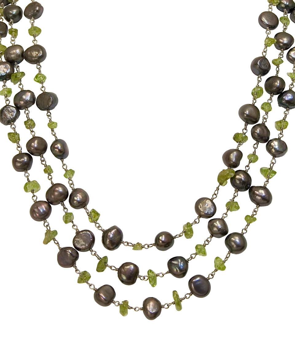 Sterling Silver Black Cultured Freshwater Pearl & Peridot Necklace