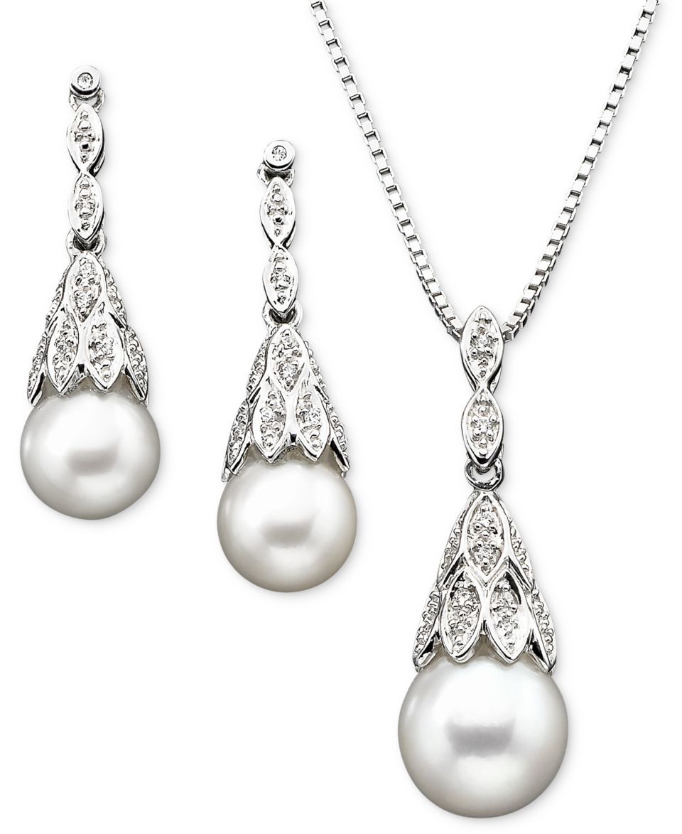 Sterling Silver Earrings and Pendant Set, Diamond Accent and Cultured