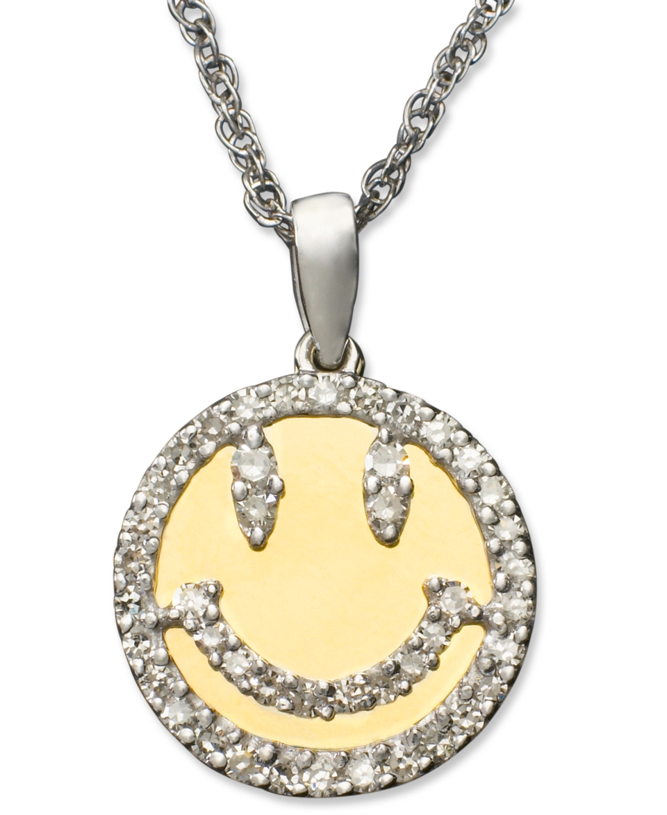 Diamond Necklace, 14k Gold and Sterling Silver Smiley Face Diamond