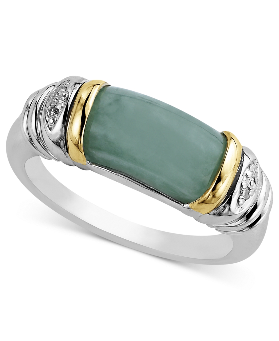 14k Gold and Sterling Silver Ring, Jade and Diamond Accent Barrel Ring