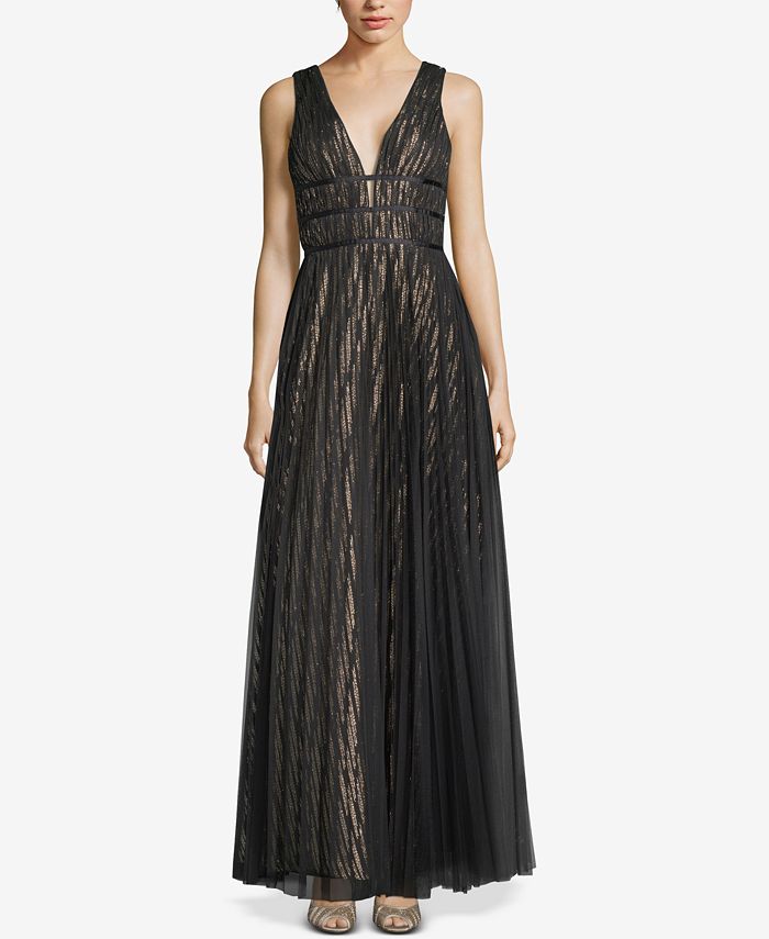 betsy & adam sequin & mesh overlay gown