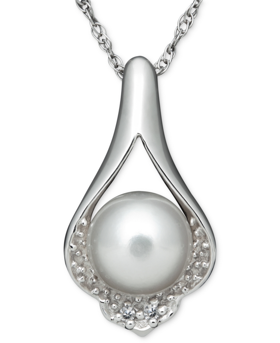 Sterling Silver Necklace, Cultured Freshwater Pearl and Diamond Accent