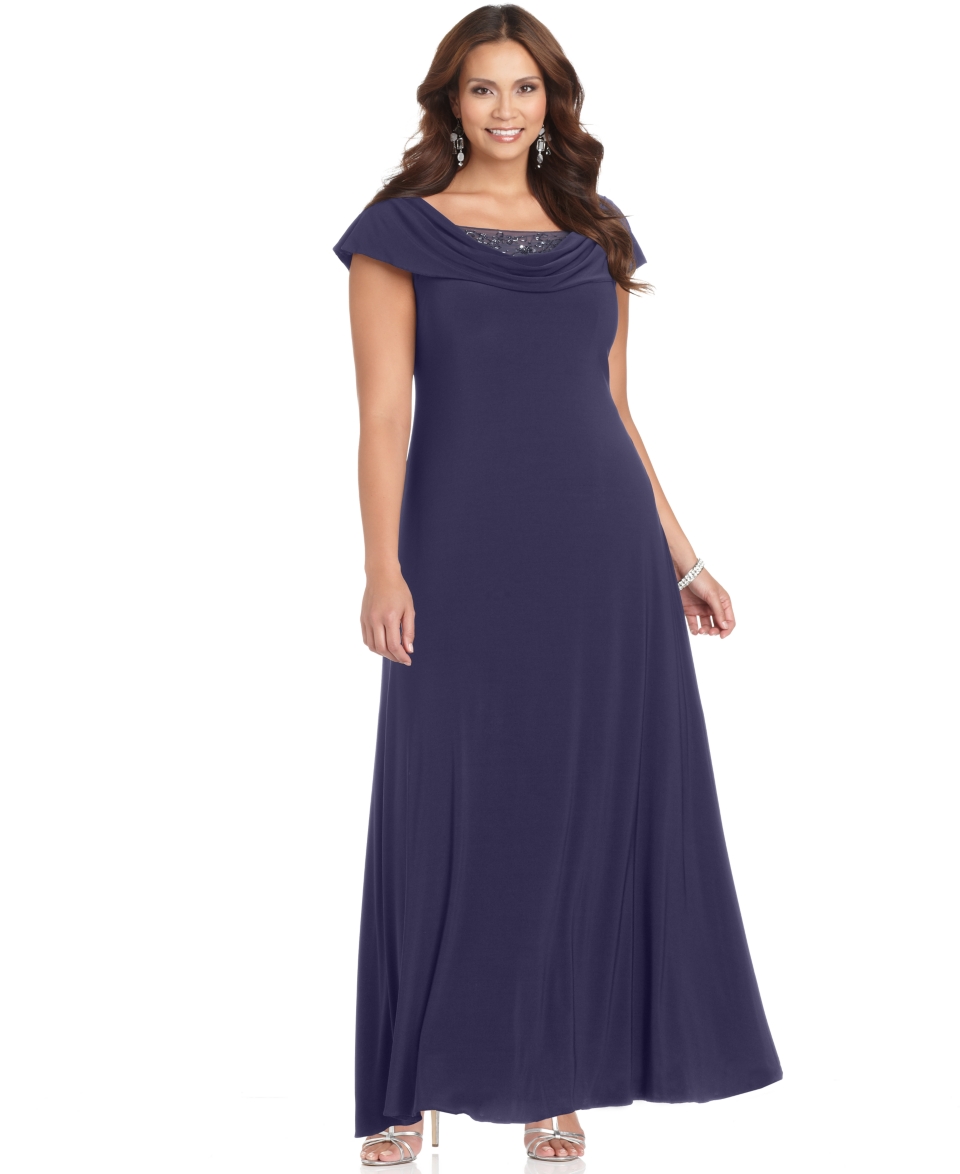 Patra Plus Size Dress, Cap Sleeve Beaded Cowl Neck Evening Gown   Plus