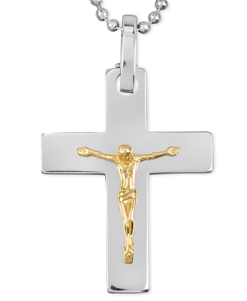 Mens Stainless Steel and 14k Gold Necklace, Crucifix Pendant