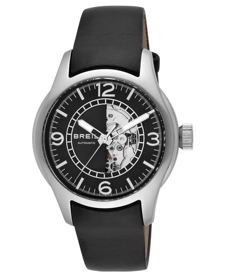 Breil Watch, Mens Automatic Globe Black Leather Strap 42mm TW0778