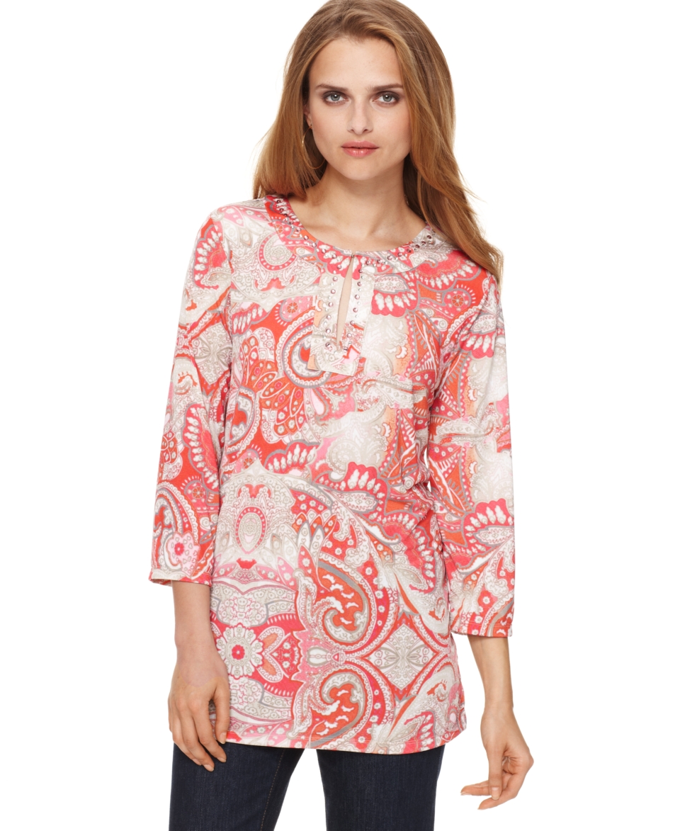 Jones New York Top, Three Quarter Sleeve Printed Studded Tunic