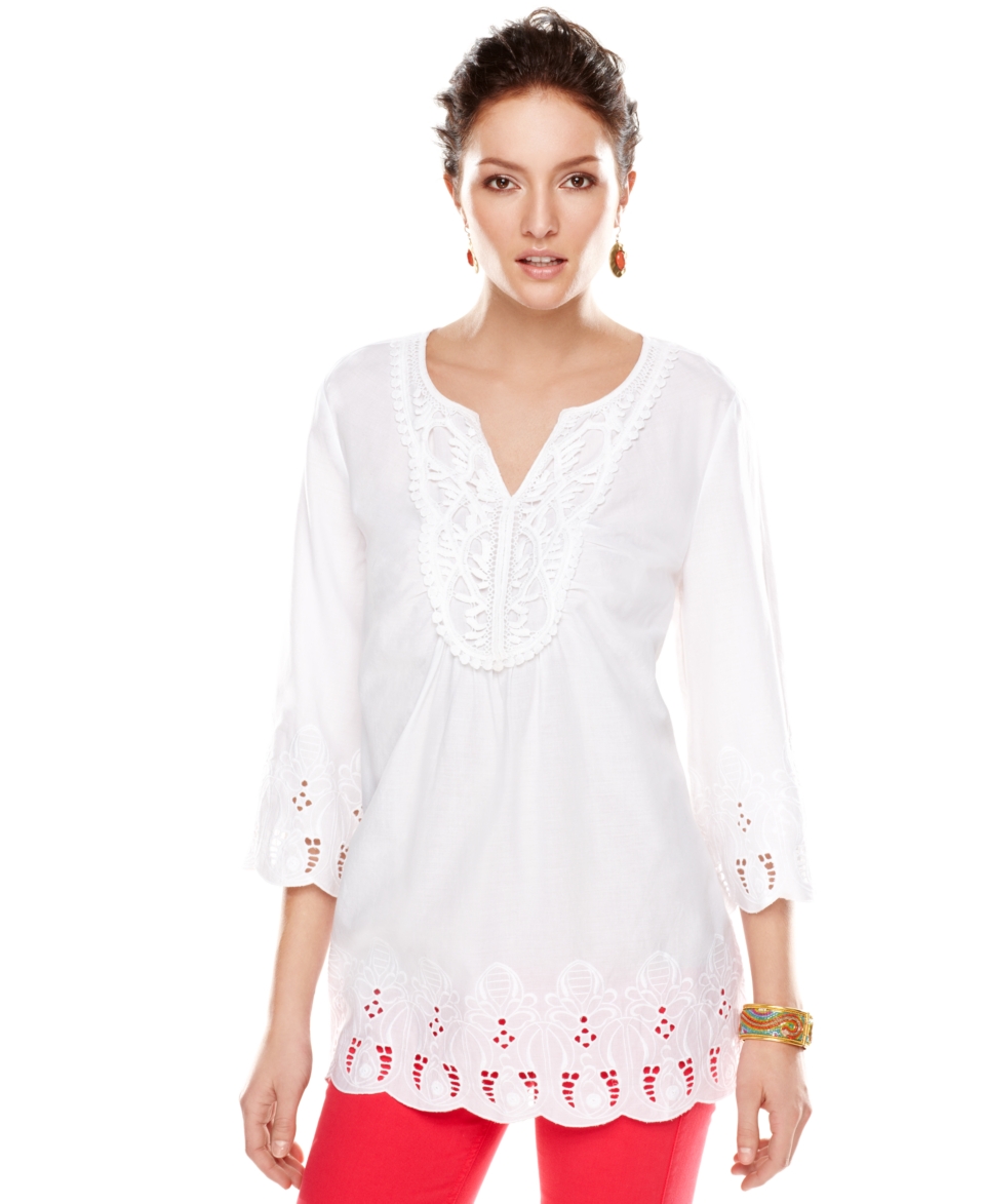 Style&co. Petite Top, Three Quarter Sleeve Eyelet Tunic