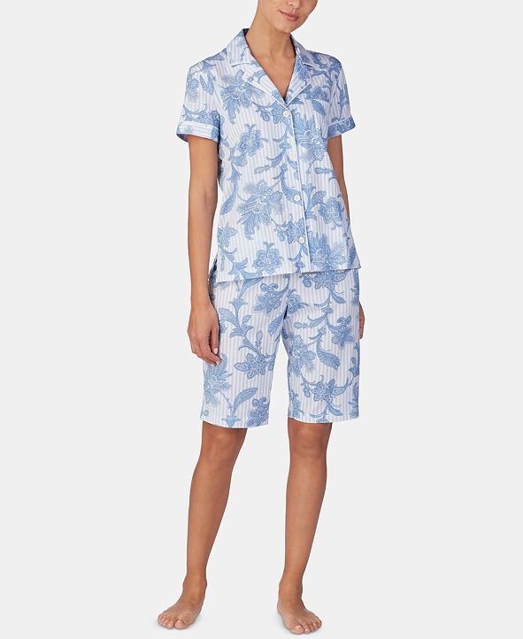 Lauren Ralph Lauren Printed Knit Cotton Notch Collar Top and Bermuda