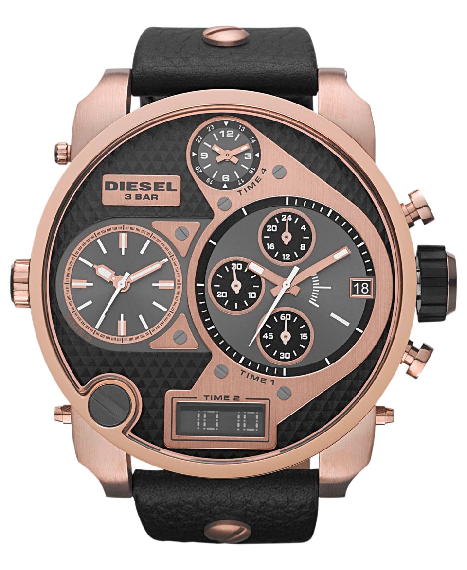 Diesel Watch, Analog Digital Chronograph Black Leather Strap 65x57mm