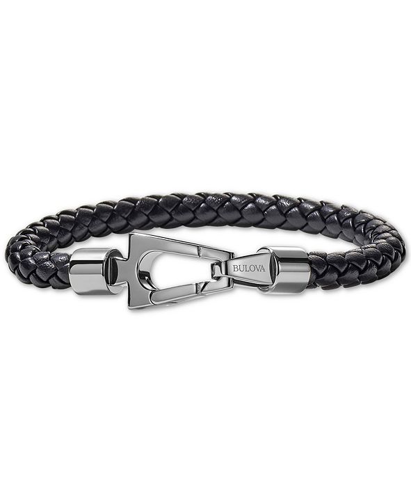 Bulova Men's Black Braided Leather Bracelet in Stainless Steel