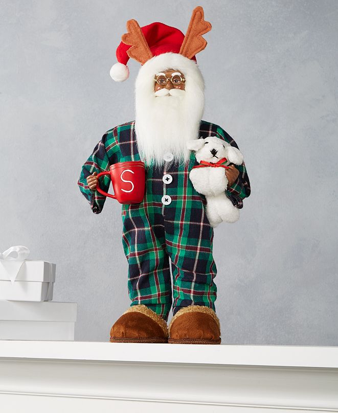 Holiday Lane 18"H Standing African American Pajama Santa with Coffee