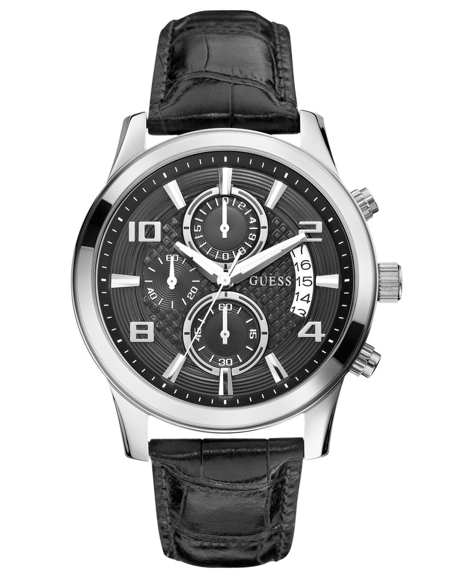 GUESS Watch, Mens Chronograph Black Croco Grain Leather Strap 44mm