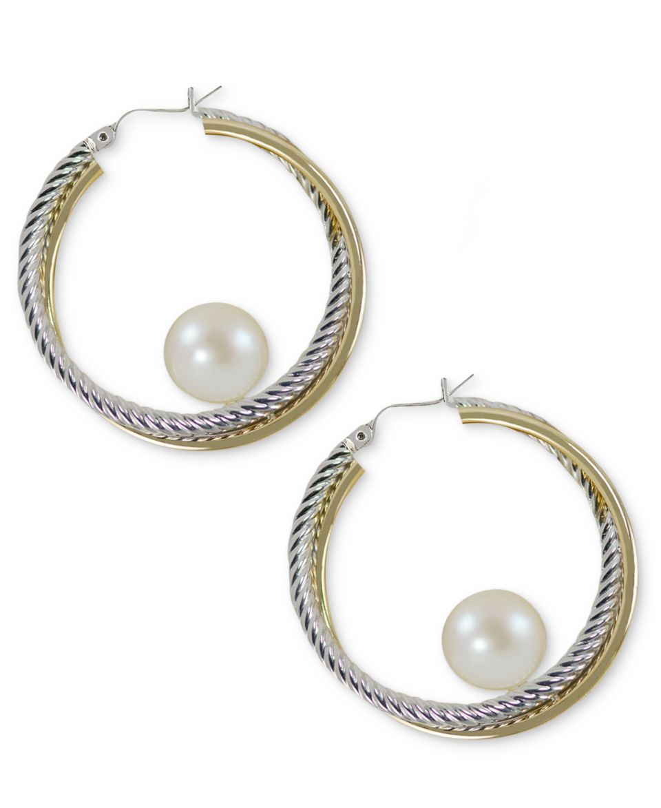 14k Gold and Sterling Silver Earrings, Cultured Freshwater Pearl Hoop