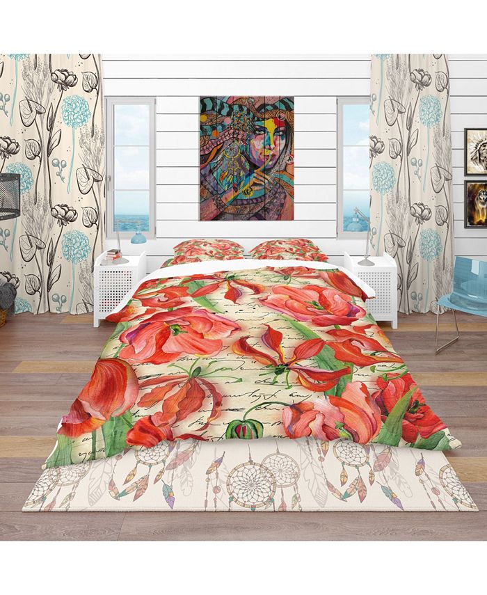 Design Art Designart Red Flower Pattern Vintage Duvet Cover Set Queen Reviews Duvet Covers Bed Bath Macy S
